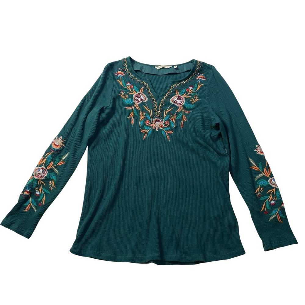 Soft Surroundings Teal Embroidered Thermal Top Boho Floral Waffle Knit S
